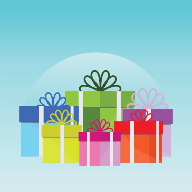 Büyük renkli sarılmış hediye kutuları yığını.