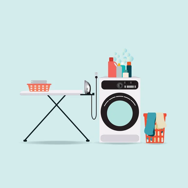 Lavandaria com máquina de lavar roupa e tábua de engomar . — Vetor de Stock