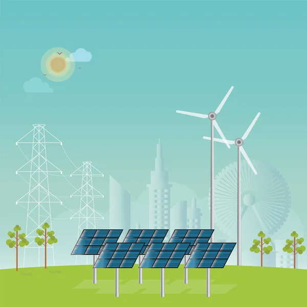 Solar energy panels and wind turbine. — Stock Vector