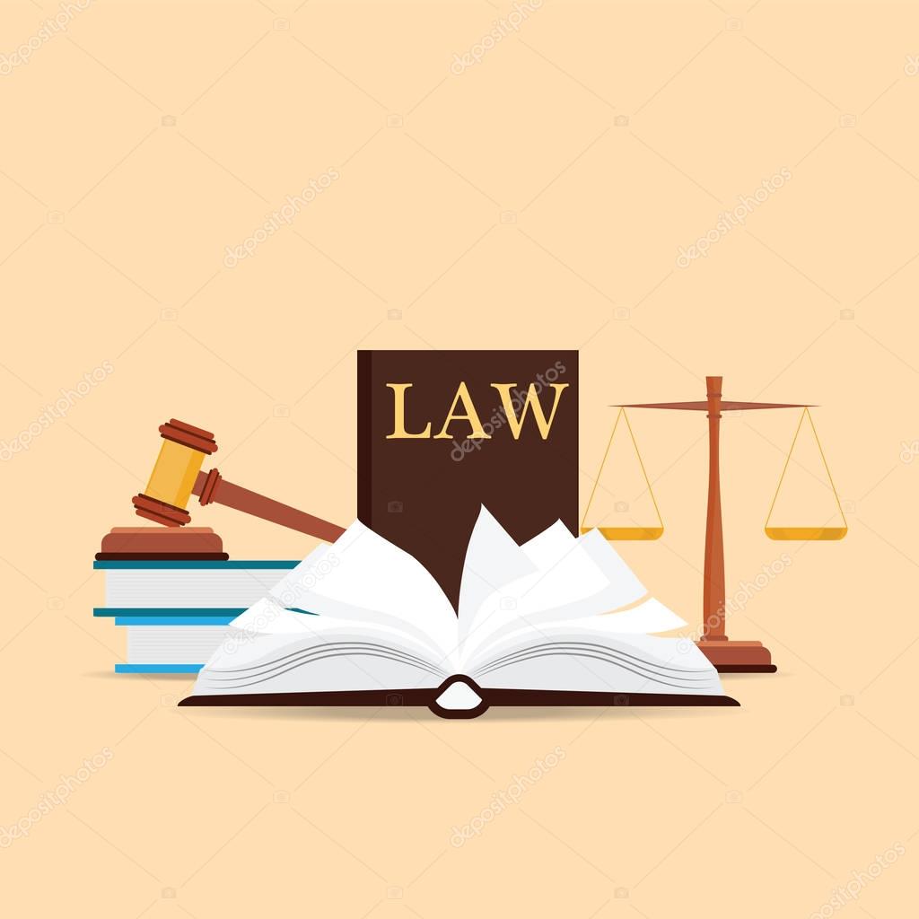 Law and justice set icon, Scales of justice, gavel and books in flat style, Conceptual justice and law Vector illustration.