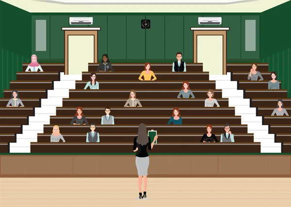 Конференция или презентация для деловых женщин на конференции аудитории — стоковый вектор