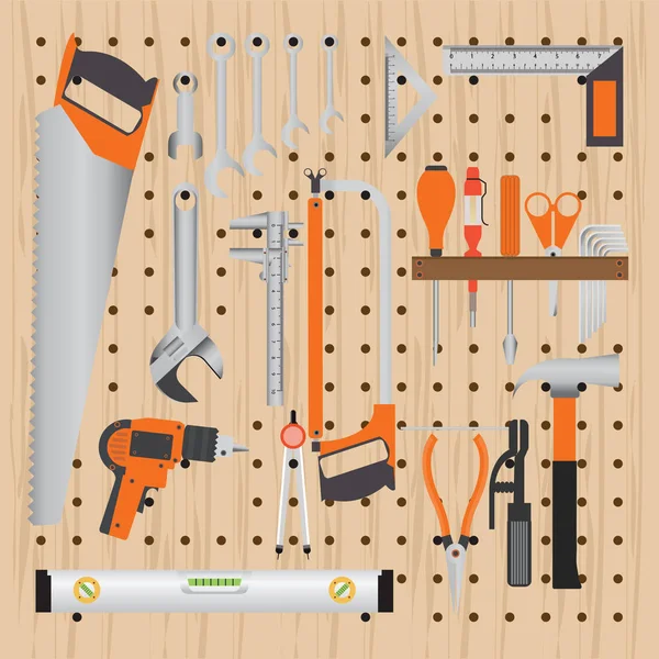 Reparation och byggnation arbetsverktyg på peg trä bakgrund. — Stock vektor