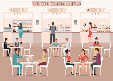 People eating in a food court in a shopping mall. clipart