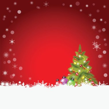 Noel ağacı ve köknar ve kar taneleri ile Noel topları üzerinde re