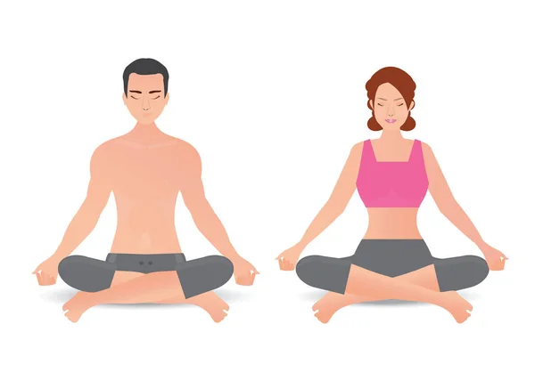 Nyugodt nő és férfi csinálás jóga és a meditáció elszigetelt whi — Stock Vector