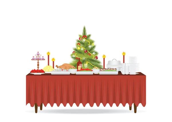 テーブルの上のクリスマス料理クリスマス ツリー イゾラと飾ること — ストックベクタ