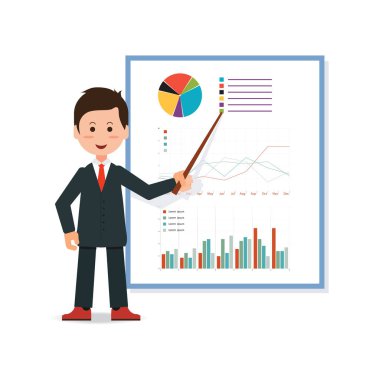 İşadamı takım elbise ve kravat yapım sunum grafik açıklayan