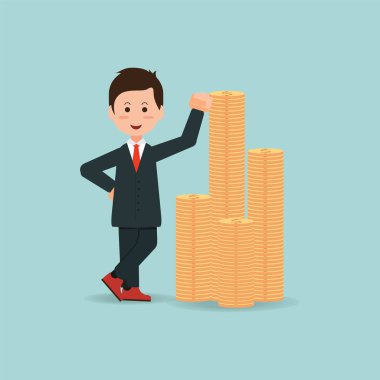 Mutlu işadamı altın sikke yığını duran.