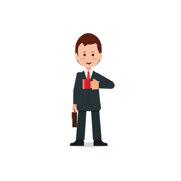 Ευτυχής επιχειρηματίας στο κοστούμι με χαρτοφύλακα κρατώντας καφέ κόκκινο . — Διανυσματικό Αρχείο