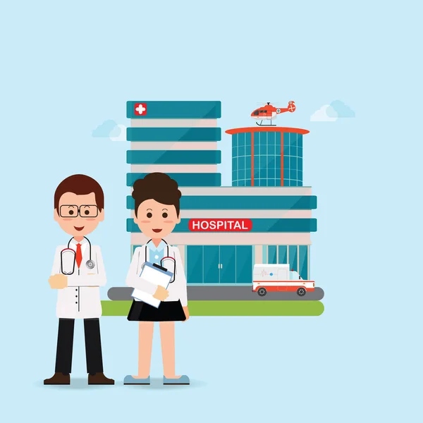 Läkare och sjuksköterska står framför sjukhusbyggnaden — Stock vektor
