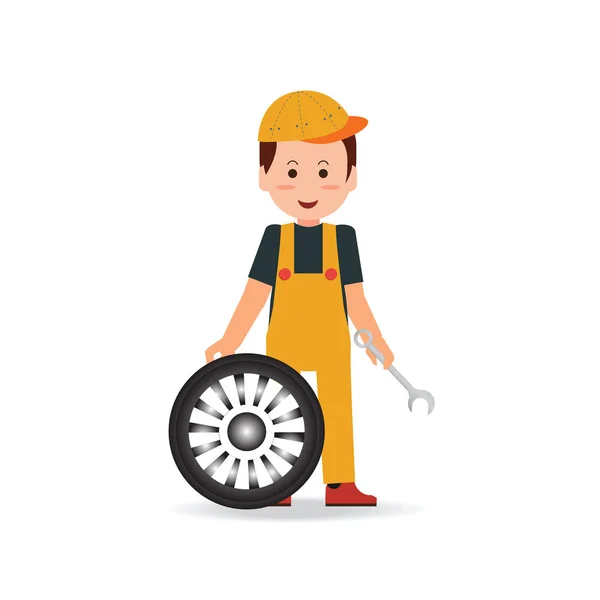 Tire service man worker changing tire. — Stock Vector