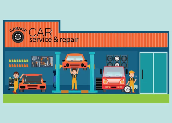 İşçi ile garaj veya araba bakım ve onarım merkezi. — Stok Vektör