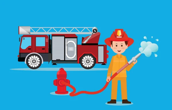Pompier pompier en uniforme avec tuyau d'eau . — Image vectorielle
