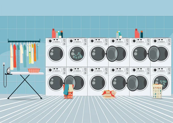 A row of industrial washing machines in laundry shop. — Stock Vector