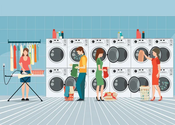 Menschen in Waschküche mit Reihe von industriellen Waschmaschinen a — Stockvektor