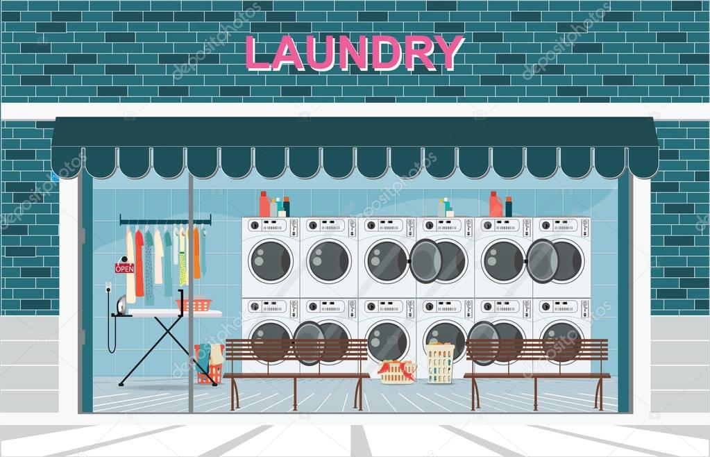 Building exterior front view and interior of laundry room with r