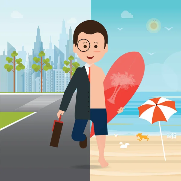 Uomo d'affari in giacca e cravatta sulla città e sulla spiaggia con un surfboa — Vettoriale Stock