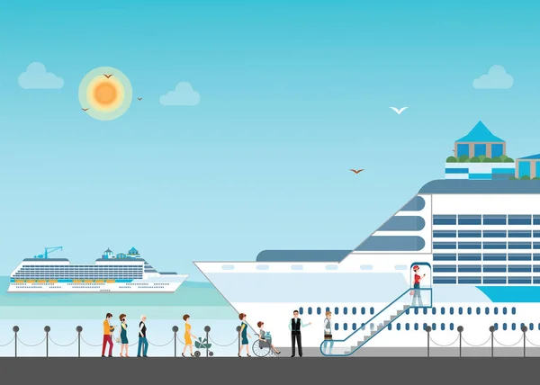 Výletní loď na námořní přístav s výletní lidí v řadě. — Stockový vektor