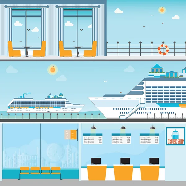 Info of Cruise ship terminal at sea port with moored transatlant — Stock Vector