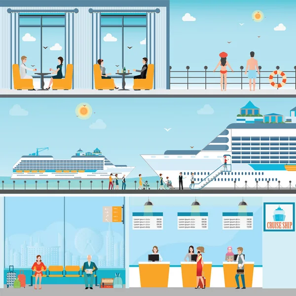 Info voor Cruise ship terminal op zee haven met aangemeerde transatlant — Stockvector