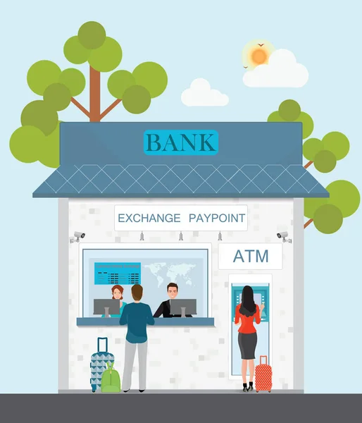 Bank counter pénzváltási szolgáltatás és az atm-ügyfél. — Stock Vector