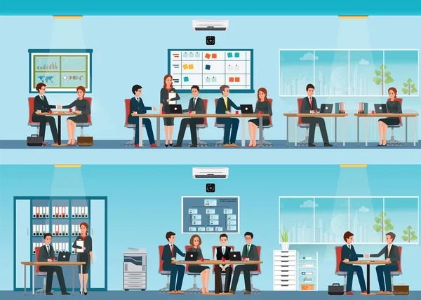 Kantoor werknemer met Bureau en zakelijke bijeenkomst of teamwerk — Stockvector