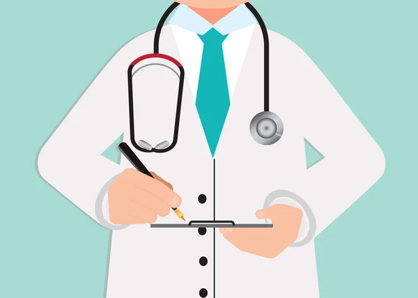 Professionnel médical en costume écrit des dossiers médicaux au clip — Image vectorielle