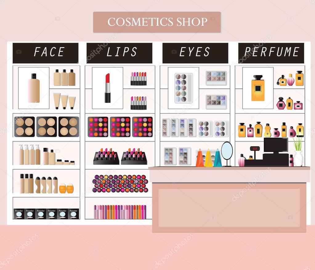 Cosmetics store interior with products on shelves.