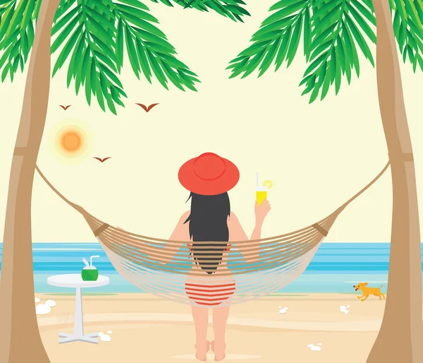 Csinos nő pihenhetnek a strand bölcső o kemény munka után — Stock Vector