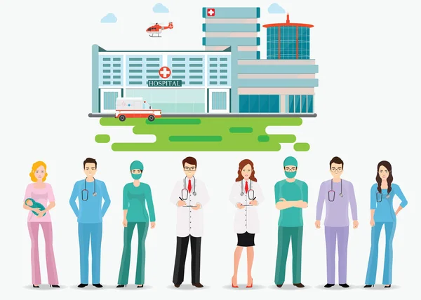 Personnel médical debout devant le bâtiment de l'hôpital . — Image vectorielle