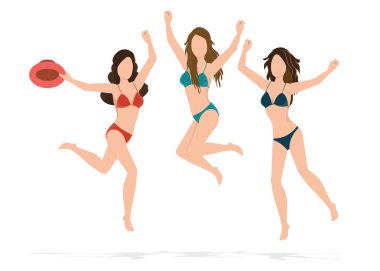 Mutlu bikini kadın kumsalda tropic başarı ve sevinç atlama