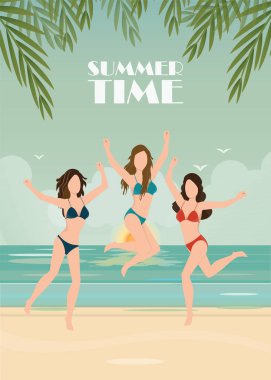 Mutlu bikini kadın kumsalda tropic başarı ve sevinç atlama