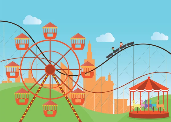 Parque de atracciones en color plano con la rueda de la fortuna  . — Vector de stock