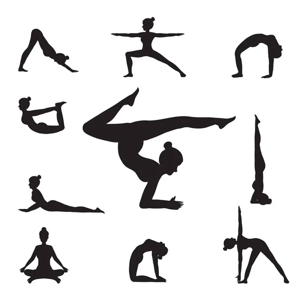 Frauen-Yoga wirft Silhouetten auf . — Stockvektor