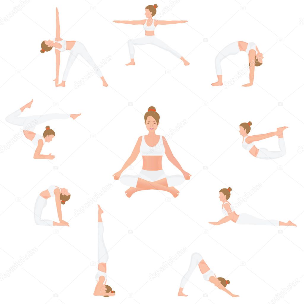 Women Yoga poses isolated on white background.