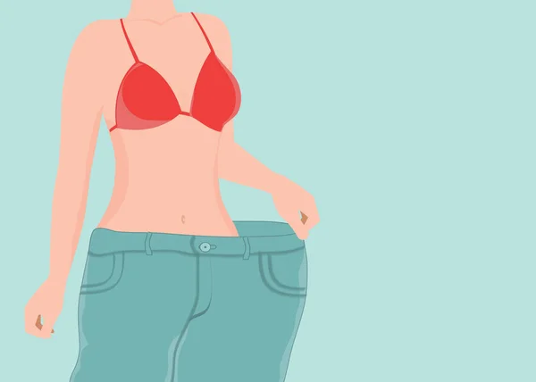 Fit νεαρή γυναίκα στο χαλαρό μπλε τζιν μετά την απώλεια βάρους. — Διανυσματικό Αρχείο