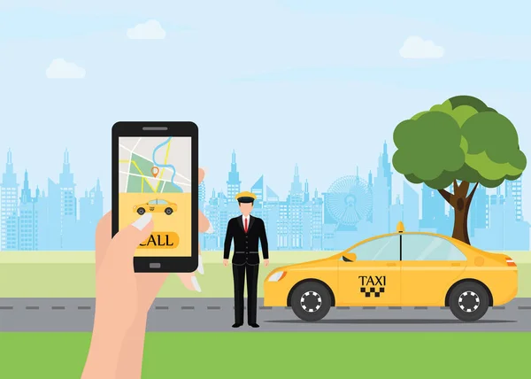 Hands with smart phone and taxi application. — Stock Vector
