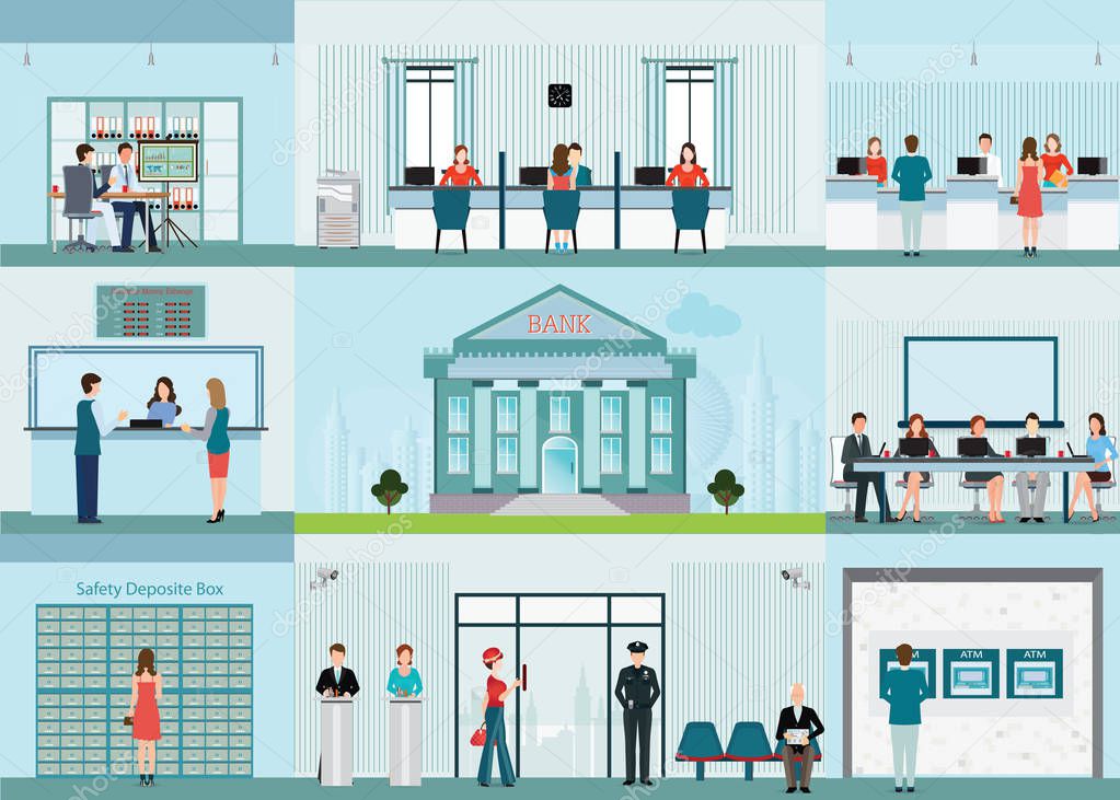 Bank building and finance infographic with office.