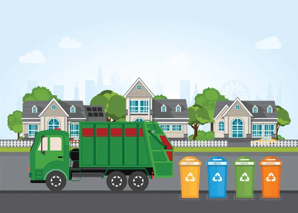 Staden avfall återvinning koncept med sopbil. — Stock vektor