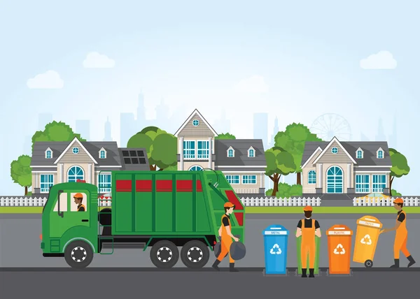 Концепція переробки міських відходів зі сміттєвозом та сміттєвозом — стоковий вектор