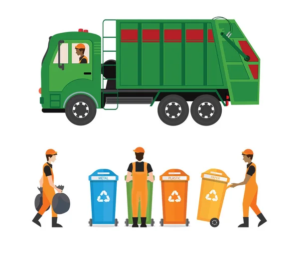 City waste recycling concept with garbage truck and garbage coll — Stock Vector