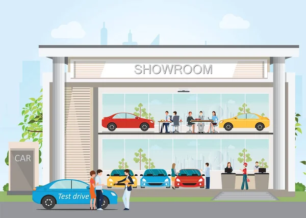 Moderne auto dealer showroom met receptie klantenservice. — Stockvector