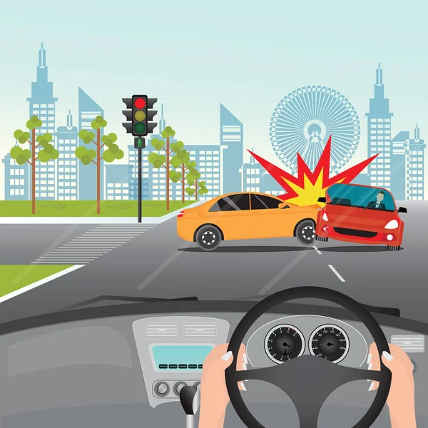 Conducir en la carretera y el evento inesperado de accidentes de coche en — Vector de stock