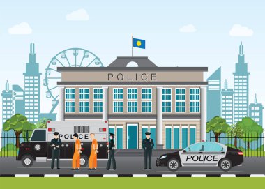 Karakolda polis memuru ve polis arabası ile .