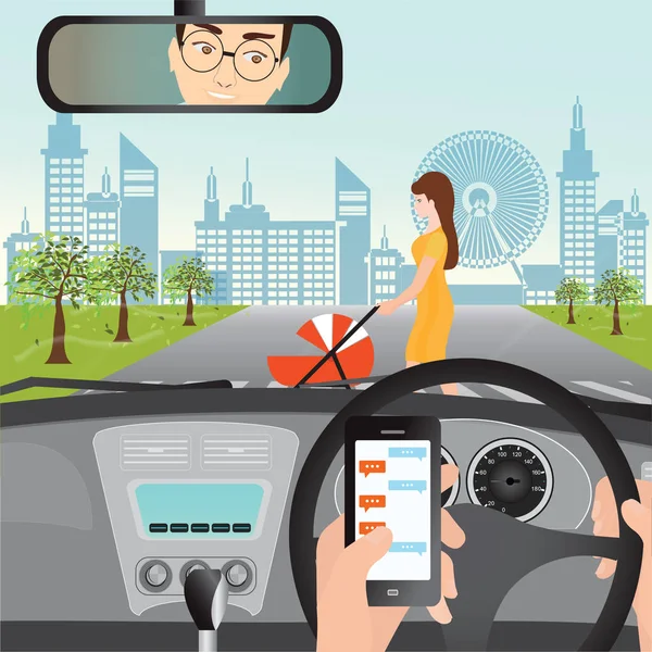 Man using smartphone while driving the car when woman with a str — Stock Vector