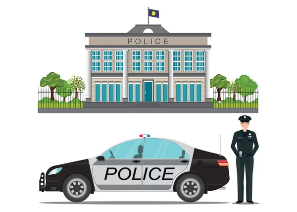 Police station with police officer and police car . — Stock Vector