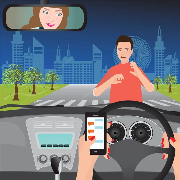 Araba sürüş sırasında akıllı telefon kullanan kadın. — Stok Vektör