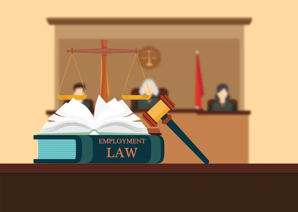 Livres de droit du travail avec un marteau de juges . — Image vectorielle