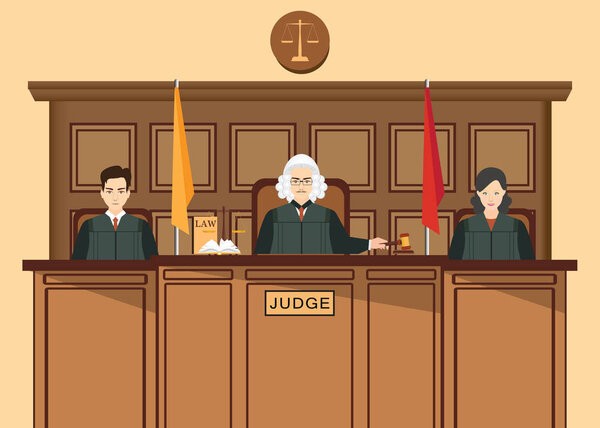 Isometric people judicial system set with Three judges sitting a
