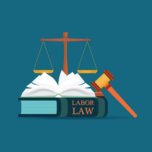 Labor Law boeken met een hamer van de rechters in vlakke stijl. — Stockvector